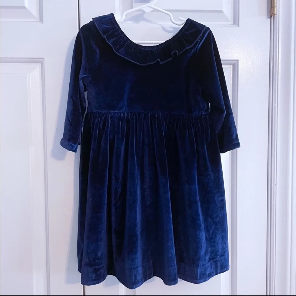 Pink Chicken Rich Navy Velvet Party Occasion Dress w Ruffle Collar- 5 T Girl